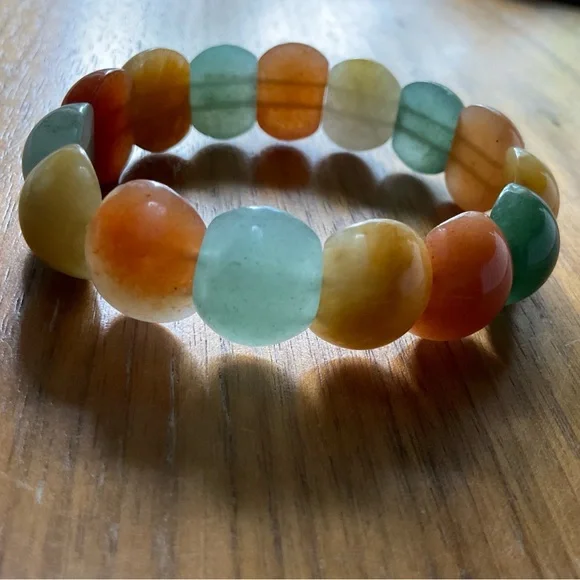 Gorgeous JADE and CITRINE Gemstone Stretch Bangle BRACELET Rare A+ Vintage MCM - Picture 1 of 4